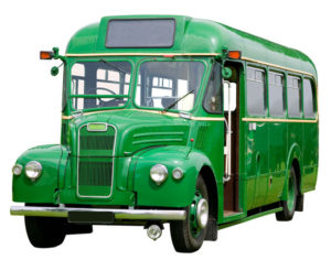 green 1930's truck chassis bus on a white background