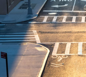 curb extension at an empty intersection in the early morning hours