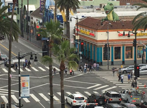 scramble crosswalk at the intersection of Hollywood and Highland in Los Angeles