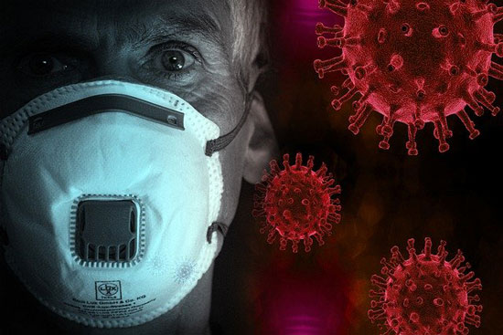 image of COVID-19 virus under microscope and elderly man in a face mask